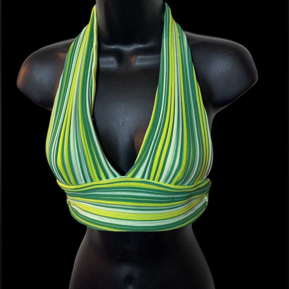 Beginning boutique Striped Green Halter Top size 4 tie back y2k stretchy